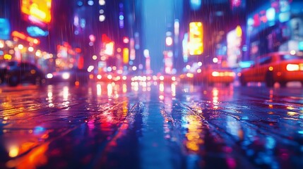 Fototapeta premium Vibrant city streets at night, glistening with rain, illuminated by colorful neon lights and reflections, capturing a lively urban atmosphere.