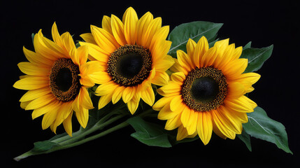 Fototapeta premium Three bright yellow sunflowers with dark centers are arranged with green leaves against a contrasting black background in a beautiful floral arrangement.