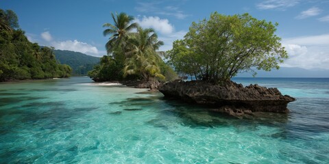 Obraz premium Tropical paradise: crystal clear waters and lush greenery on a secluded island