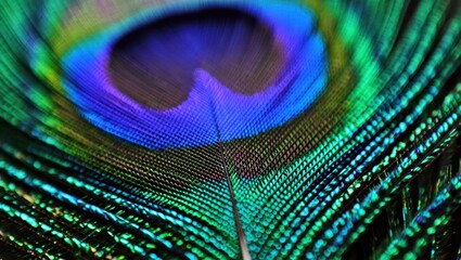 Naklejka premium Vibrant peacock feather close-up with iridescent blue and green patterns