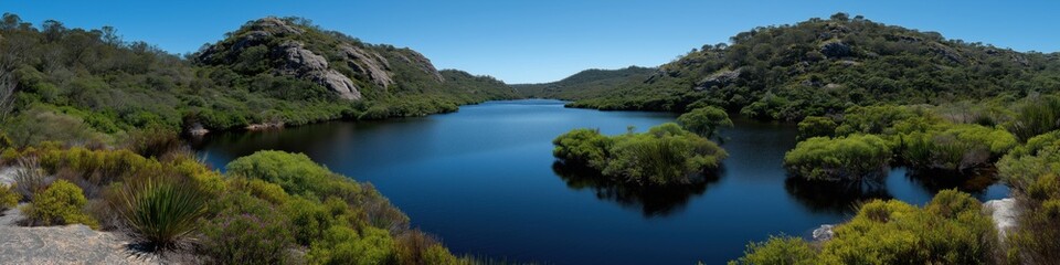 Naklejka premium Serene lake surrounded by lush greenery and rocky hills on a clear day