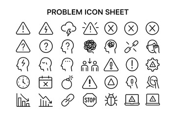 Problem Icons: A collection of various problem icons, carefully arranged in a structured layout, all rendered in a clean, minimalist style.