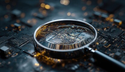 Magnifying glass reveals complex circuit board