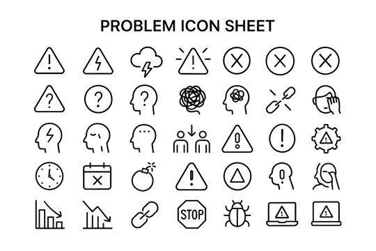 Problem Icons: A collection of various problem icons, carefully arranged in a structured layout, all rendered in a clean, minimalist style.