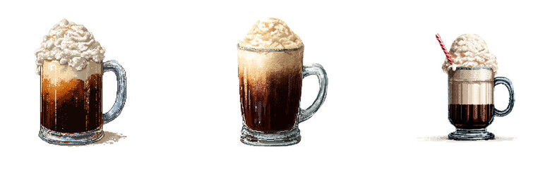 Pixel art of a frothy root beer float with vanilla ice cream, in a classic mug, transparant background.