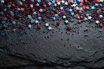 Obraz premium Stars and Sparkles: A close-up shot of a dark, textured surface is adorned with an array of red, white, and blue star-shaped sprinkles, capturing a sense of celebration and festivity.