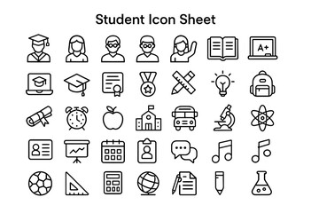Fototapeta premium Student Icon Sheet: A visually appealing collection of minimalistic icons, providing an array of student related symbols that can be used for design and educational purposes.