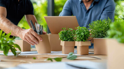 Fototapeta premium Eco friendly packaging with plants on wooden table, showcasing sustainable materials and collaborative workspace