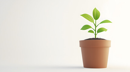 Growth in a Pot: A close-up shot of a young plant in a brown pot against a bright background, symbolizing new beginnings, progress and potential for development.