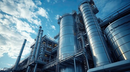 Low angle view of a large industrial plant with silver tanks against a cloudy blue sky on a bright day