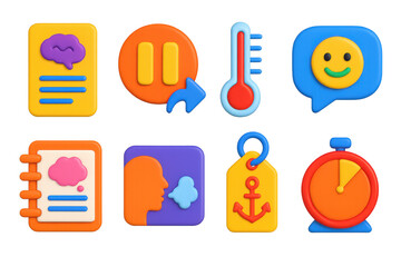 3D icon set of emotion regulation features: coping strategy card, pause-and-respond icon, anger thermometer tool, self-regulation feedback, thought reframing planner, breathing support guide, emotion