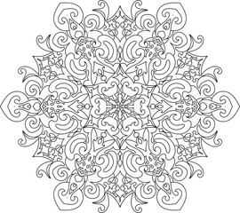Symmetrical Mandala Drawing in Fine Black Lines for Coloring Books, Zen Practice, Bohemian Art and Meditation Projects