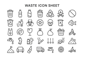 Waste Icon Sheet: A comprehensive collection of waste-related icons, illustrating various types of garbage, recycling symbols, and waste management concepts in a clear and concise manner. 