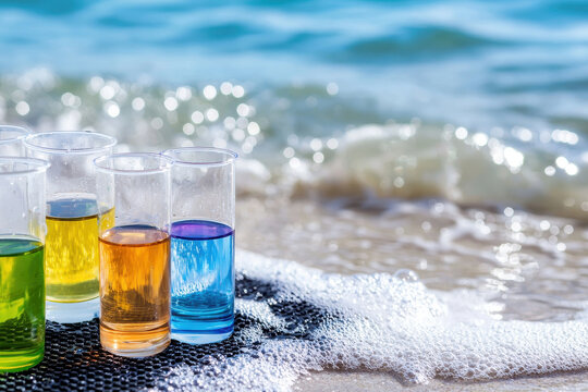 Colorful liquids glass containers beach mat by ocean, showcasing coastal water test. scene evokes curiosity and scientific