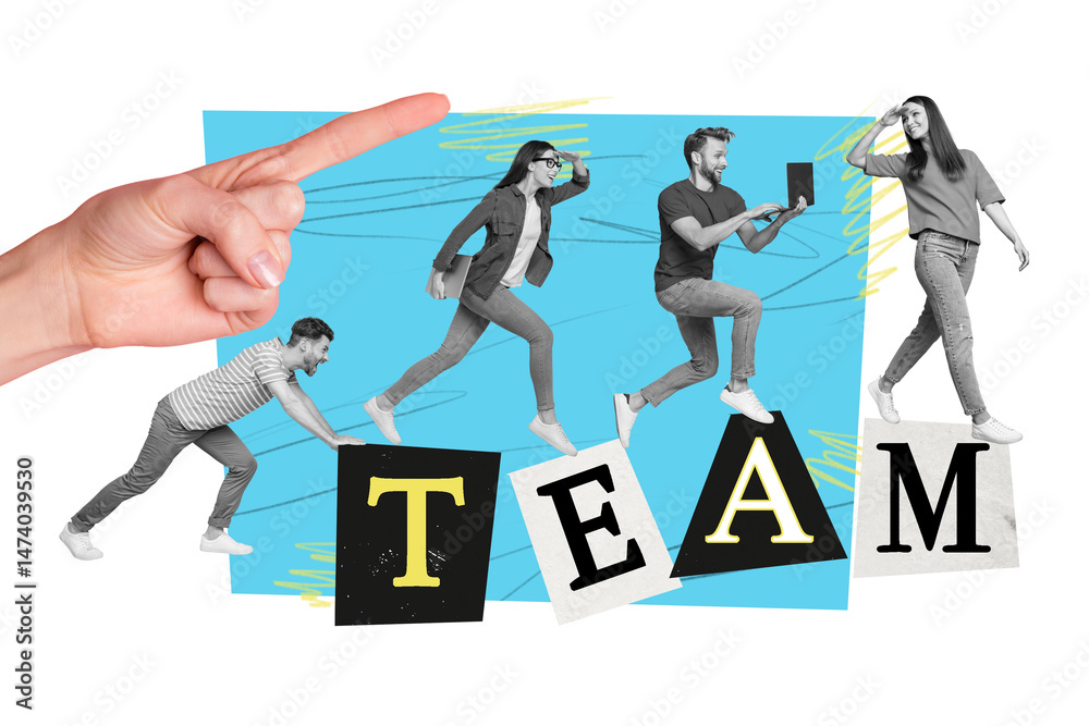 Poster artwork collage image of big arm point finger mini black white colors coworkers team run use netbook