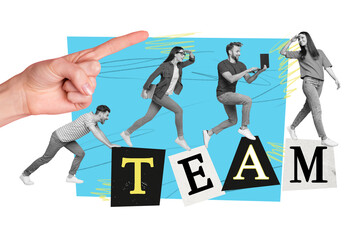 Artwork collage image of big arm point finger mini black white colors coworkers team run use...