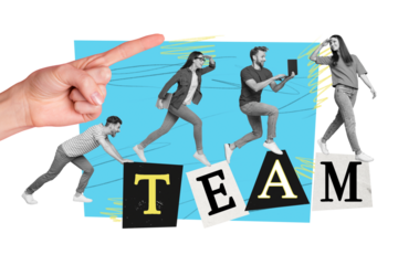 Artwork collage image of big arm point finger mini black white colors coworkers team run use netbook push forward isolated on beige background