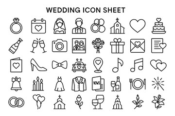 Wedding Icon Set: A comprehensive collection of line-art wedding icons, perfectly representing various wedding-related elements for invitations, websites, or design projects. 