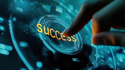 Interaction with digital systems that are oriented towards positive results, the finger pressing the success button highlights the moment of right decision making.
