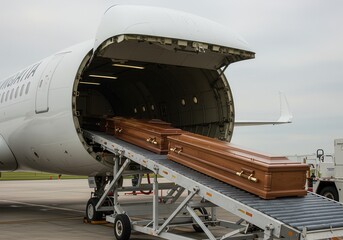 Coffins being loaded into airplane cargo hold on conveyor belt for transport