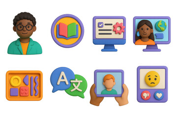 3D icon set of inclusive educator tools: diverse avatar teacher icon, inclusive curriculum badge, adaptive test builder, culturally responsive content screen, multi-sensory teaching kit, translation