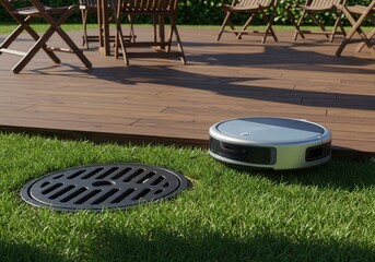Robot lawnmower on grass near drain with wooden deck and chairs in background