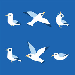Collection of cartoon seagulls on a blue background