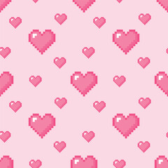 Pixel hearts seamless pattern in pink color