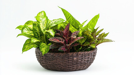 Naklejka premium Decorative basket with assorted green plants, showcasing vibrant foliage and textures, perfect for home decor