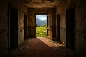 Obraz premium A crumbling hallway with peeling walls and a damaged floor opens onto a radiant alpine meadow framed by towering mountains. 