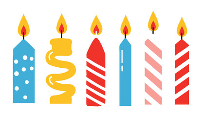 Minimal Flat Vector Illustration Collection of Birthday Candles – Cute Colorful Candle Clipart Set for Party Decor, Stickers, Invites, and Crafts