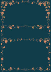 Elegant grapevine border frame set, vintage hand drawn style. Includes horizontal and vertical variations. Ideal for wine labels, menus, and artisanal branding. Seamless and editable vector format.
