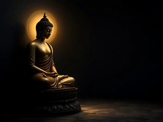 Golden Buddha statue in shadow with dramatic lighting and dark background. Serene expression, meditative pose, symbolizing spiritual peace and enlightenment