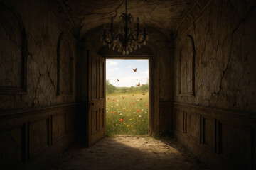 Obraz premium A worn, cracked hallway with an ornate ceiling and chandelier leads to a sunlit wildflower meadow visible through an open door. Butterflies flutter in the air