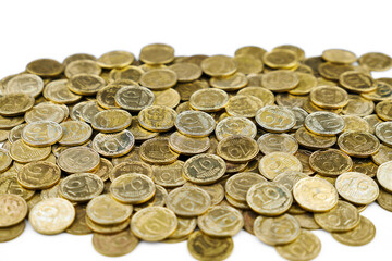 Pile of Ukrainian 10 kopiyok coins, symbolizing economy, finance, and savings.