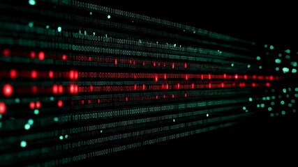 A digital stream of binary code with a prominent red and green glitch effect running horizontally across the center. - Powered by Adobe