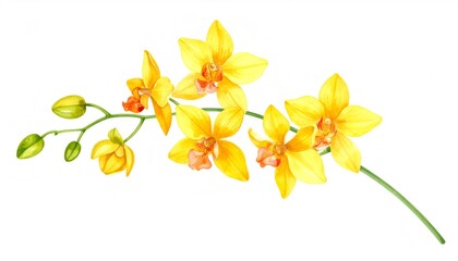 Watercolor painting of blooming yellow orchid flowers on white background