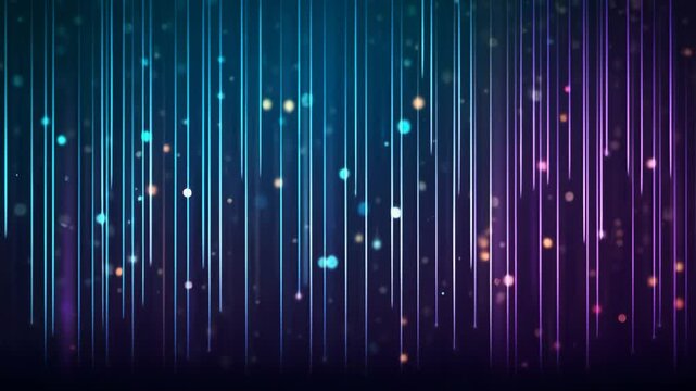 Abstract background with vertical streaks of teal and purple light, interspersed with glowing particles of various sizes and colors, creating a dynamic and elegant effect.