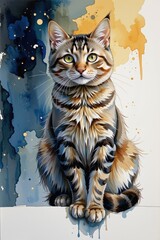 a cat sitting upright on a surface. the cat is captured in profile, with its head turned slightly to look at the viewer. it has tabby fur patterns that include stripes and spots