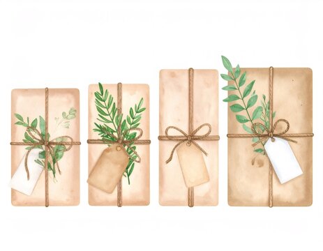 Four vintage christmas gifts wrapped in brown paper and decorated with green leaves