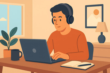 Flat-style illustration of a young man working remotely on a laptop at home. Wearing headphones, he focuses on a task with a notebook, coffee mug, and cozy decor creating a productive workspace.
