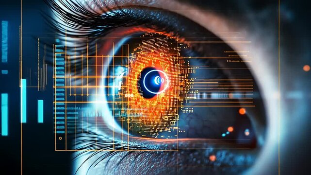 Close-up of a futuristic eye with digital overlays and glowing elements, showcasing technology