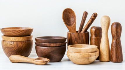 Handmade wooden bowls and utensils, showcasing craftsmanship and natural materials, perfect for kitchen decor and dining