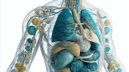 Fototapeta premium National Scleroderma Awareness Month. anatomical illustration showing full-body systems affected by systemic scleroderma, precisely rendered organs including lungs, heart, kidneys, and GI tract 