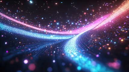 Fototapeta premium Abstract glowing particle streams in pink and blue colors on dark background