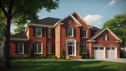 Fototapeta premium 3D rendering of a Georgian-style home, red brick, green lawn