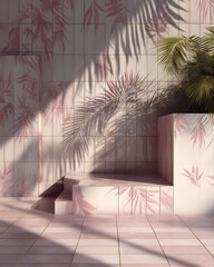 Pastel pink ceramic tiles with delicate tropical foliage pattern create serene and elegant atmosphere, enhanced by natural light and palm shadows on wall and floor