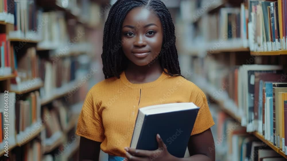 Poster a girl is holding a book and reading in a quiet library setting