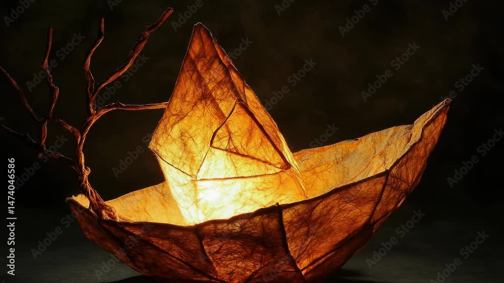 Poster A small paper boat illuminated from within sits on a table, perfect for adding a touch of whimsy to your scene or design