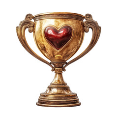 Golden trophy with heart gem valentine's day award and love concept art on transparent background